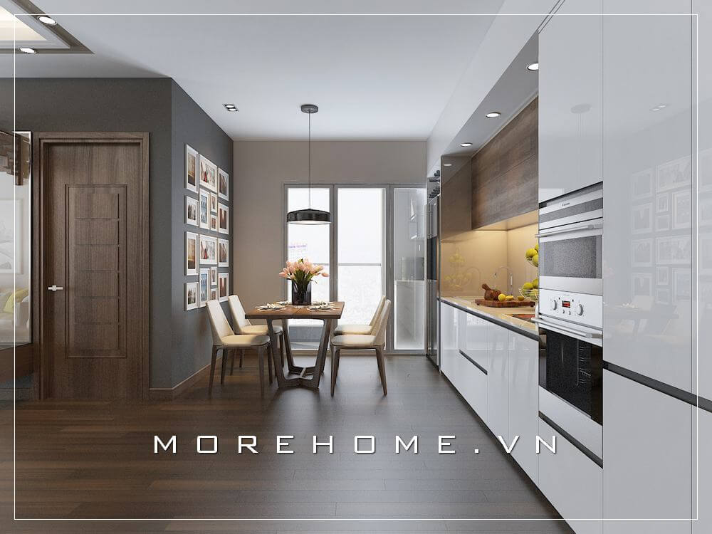 Thiết kế nội thất phòng bếp sử dụng tone màu trắng tạo nên vẻ đẹp tinh tế, không gian nấu nướng hiện đại và tiện nghi